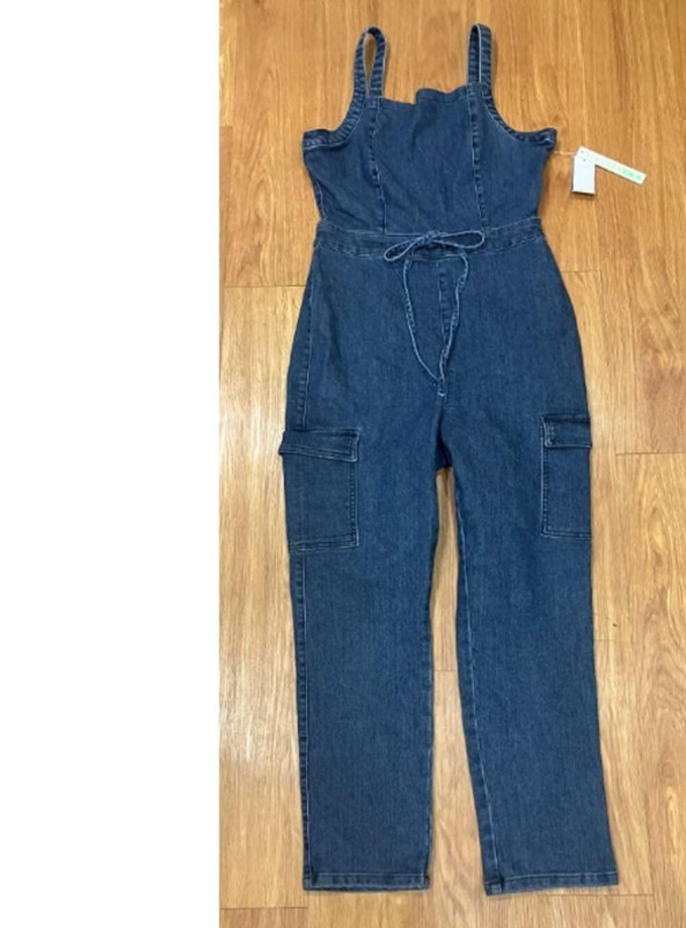 Tinseltown Juniors' Tie-Waist Denim Slim Leg Jumpsuit L